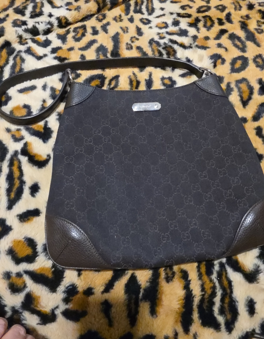 Gucci Black Canvas Shoulder Bag with Brown Leather Trim AUTHENTIC